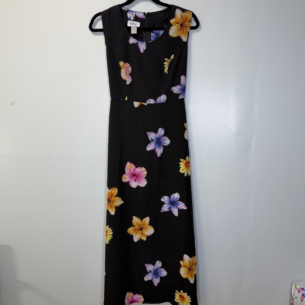 VTG 90s Y2K April USA Black Floral Sleeveless Maxi Dress Tropical Hibiscus Print